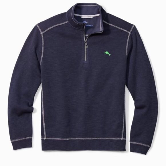 Tommy Bahama‎ navy Tobago Bay Half-Zip Sweatshirt pullover long sleeve, medium - Picture 1 of 13